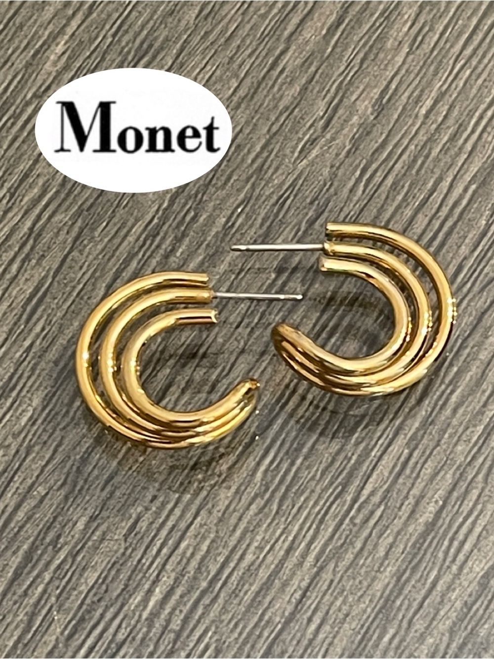 Vintage MONET Triple Hoop Post Earrings, Gold-tone